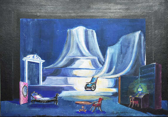 Трошин Николай Степанович. Эскиз декорации кабинета на авансцене с креслом-каталкой на подиуме 